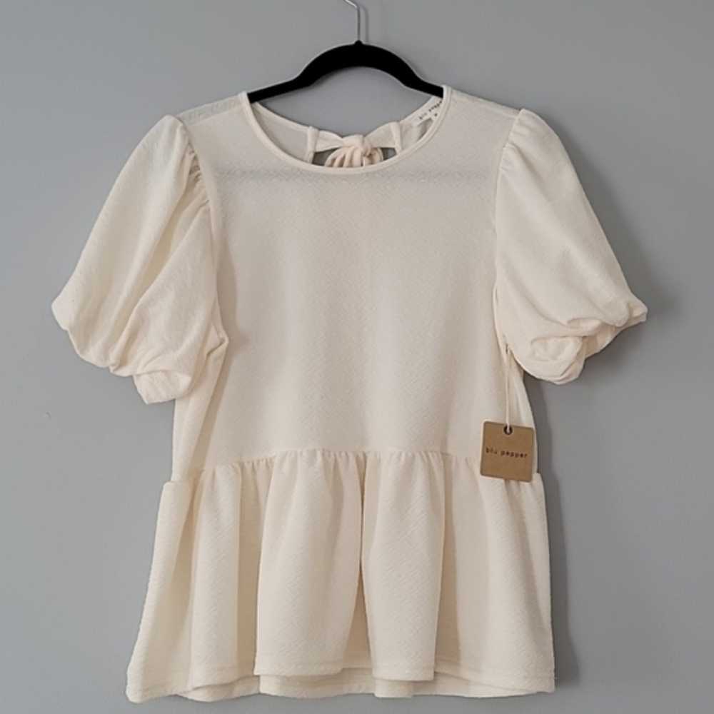 Blue pepper off white cream peplum puff sleeve tie back blouse top nwt medium